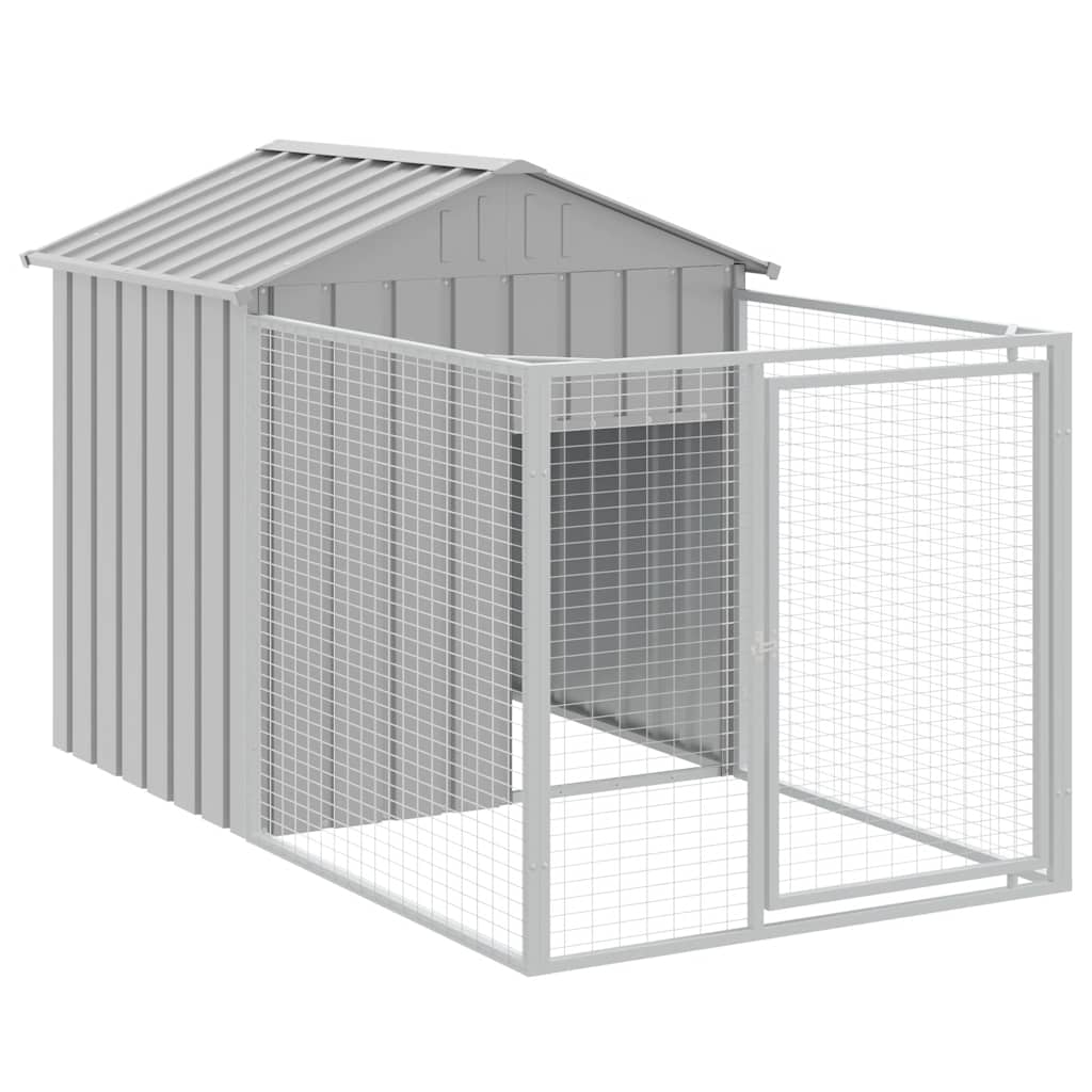 HKM-6803517 Steel Doghouse with Attached Run - 117 cm x 201 cm x 123 cm, Light Gray, Outdoor Pet Shelter