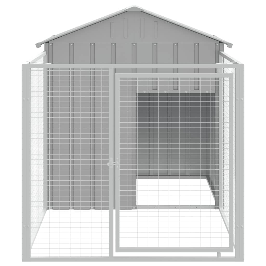 HKM-6803517 Steel Doghouse with Attached Run - 117 cm x 201 cm x 123 cm, Light Gray, Outdoor Pet Shelter