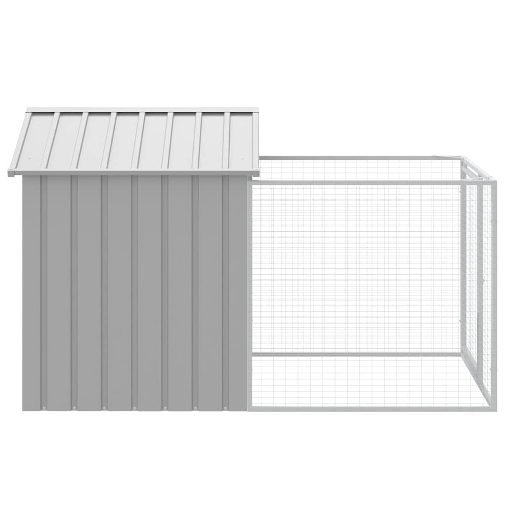 HKM-6803517 Steel Doghouse with Attached Run - 117 cm x 201 cm x 123 cm, Light Gray, Outdoor Pet Shelter