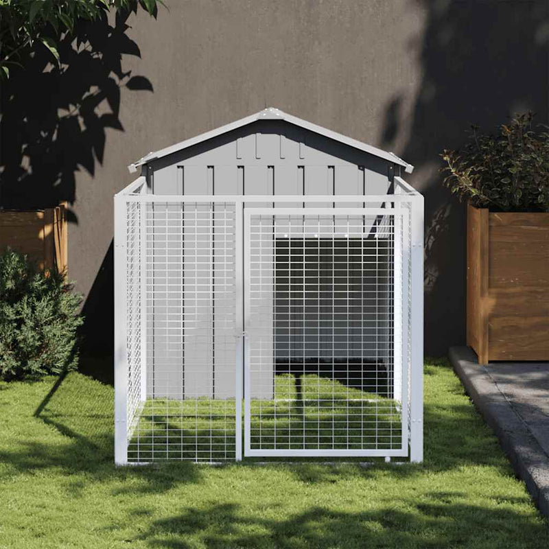 HKM-6803517 Steel Doghouse with Attached Run - 117 cm x 201 cm x 123 cm, Light Gray, Outdoor Pet Shelter