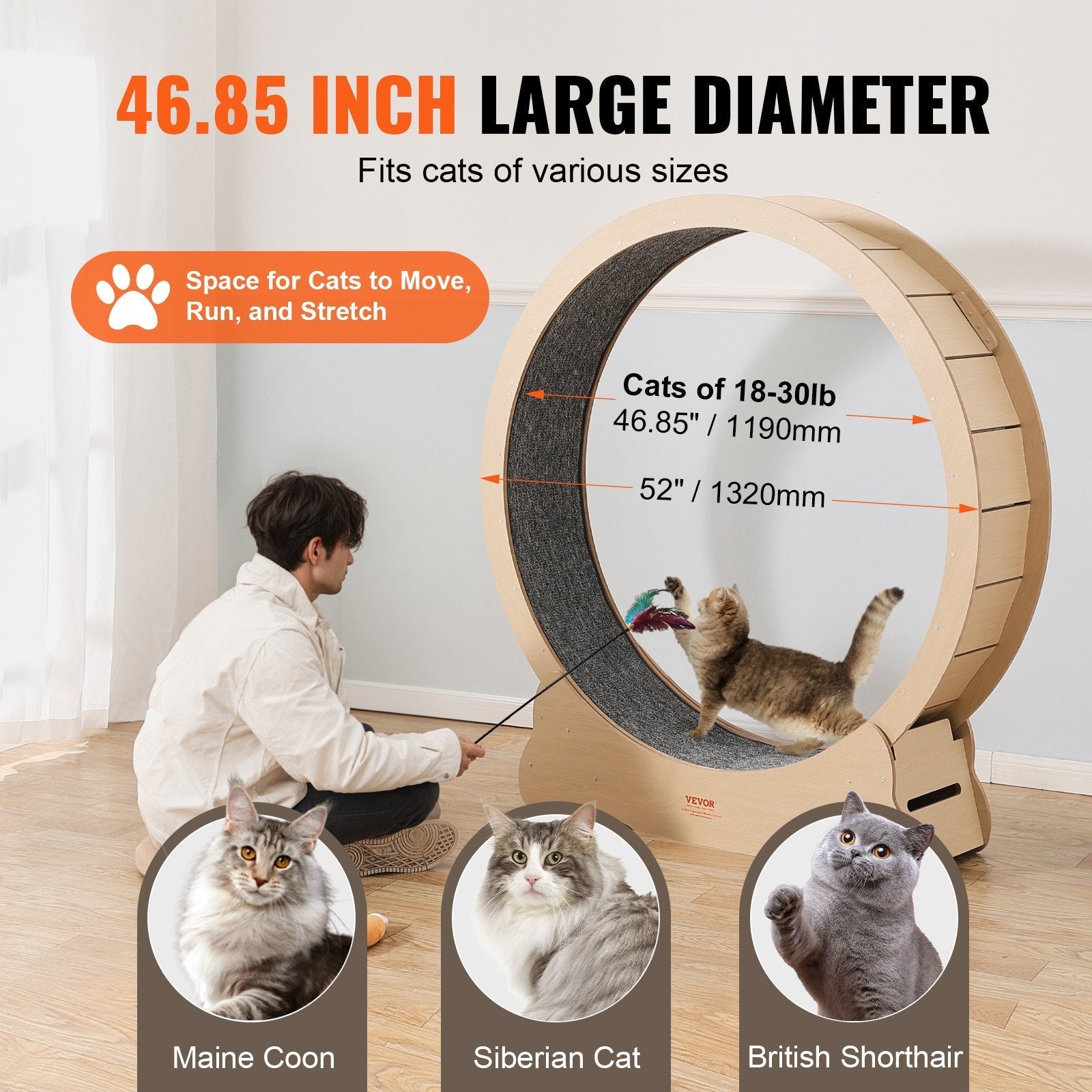 HKM-6806077 Large Wooden Cat Exercise Wheel - 52 Inch Cat Treadmill for Indoor Fitness and Energy Release