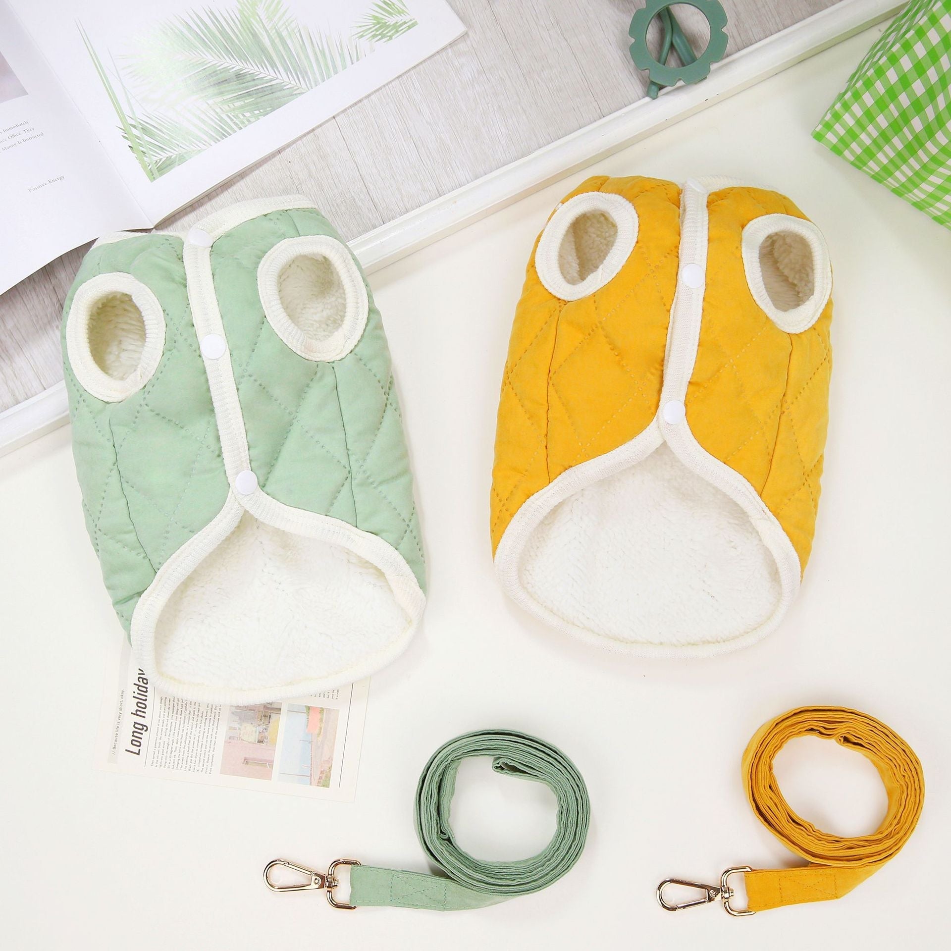 HKM-6807613 Diamond Pattern Cotton Vest for Pets in Green and Yellow - Sizes S to XXL