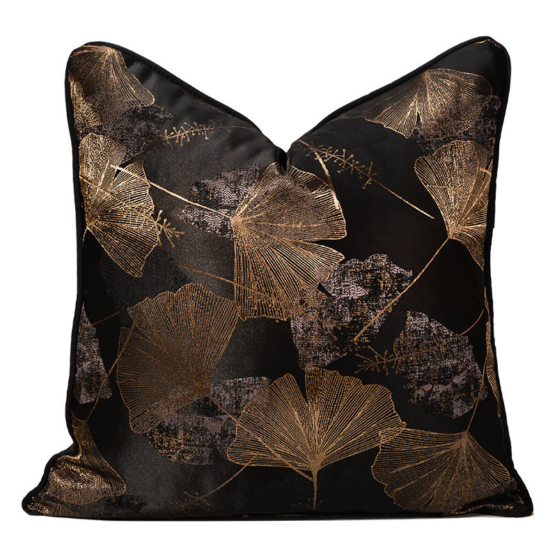 HKM-680851 Dark Black Ginkgo Leaf Jacquard Pillowcase - Modern Floral Cushion Cover for Living Room or Bedroom, 45x45cm