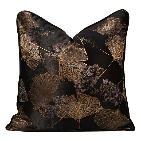 HKM-680851 Dark Black Ginkgo Leaf Jacquard Pillowcase - Modern Floral Cushion Cover for Living Room or Bedroom, 45x45cm