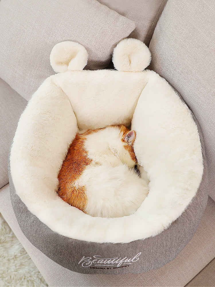 HKM-6809277 Cozy Rabbit Ear Cat & Small Dog House - Soft Cloth Pet Nest in White or Pink