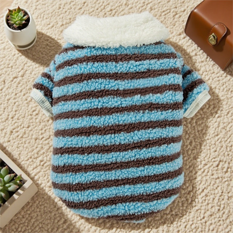 HKM-6809789 Cozy Striped Fleece Pet Shirt for Small Dogs and Cats, Soft Button-Down Sweater for Winter Wear