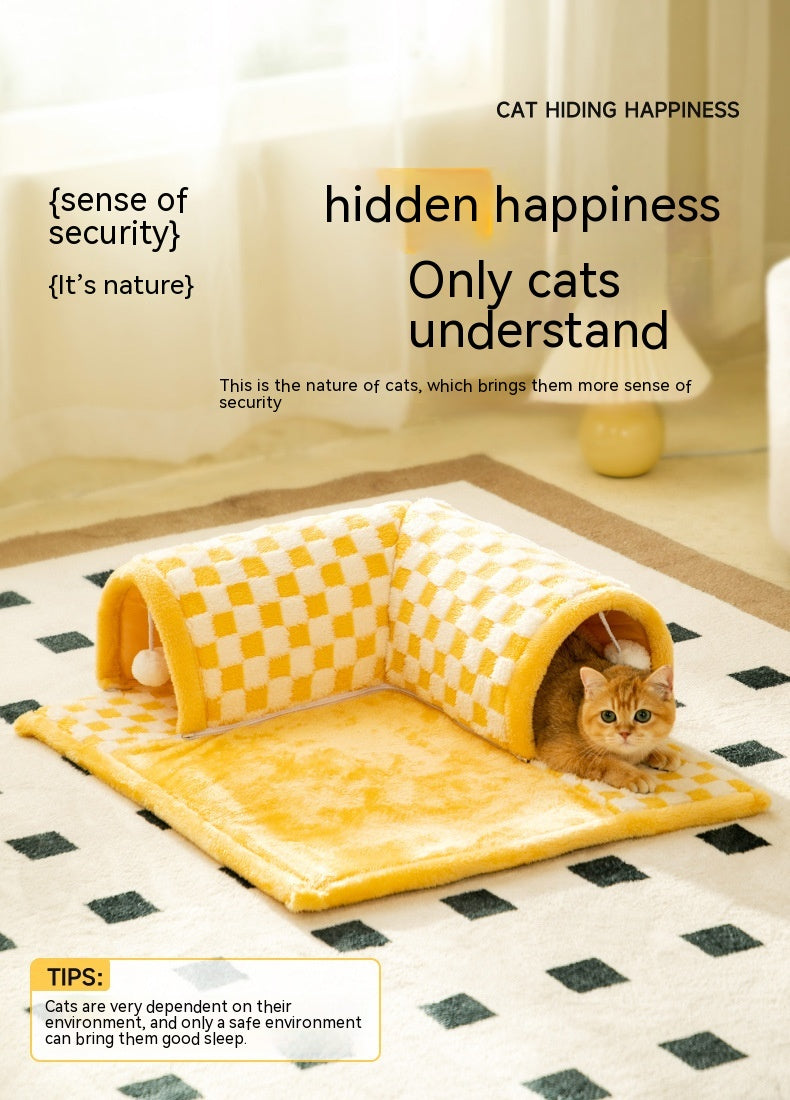 HKM-6810301 Warm Tunnel Pet Bed for Cats - Soft PP Cotton, Multiple Sizes Available in Yellow and Blue