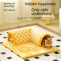 HKM-6810301 Warm Tunnel Pet Bed for Cats - Soft PP Cotton, Multiple Sizes Available in Yellow and Blue