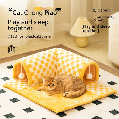 HKM-6810301 Warm Tunnel Pet Bed for Cats - Soft PP Cotton, Multiple Sizes Available in Yellow and Blue