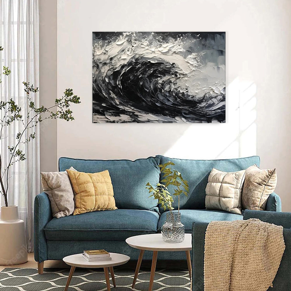 HKM-681107 Hand-Painted Black and White Abstract Oil Painting on Canvas for Modern Living Room Décor