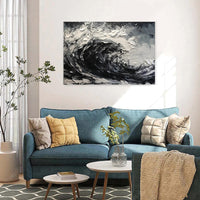 HKM-681107 Hand-Painted Black and White Abstract Oil Painting on Canvas for Modern Living Room Décor