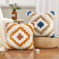 HKM-681235 Colorful Geometric Tufted Tassel Pillow Cover, 45x45CM Cotton Cushion Case in Brown and Blue