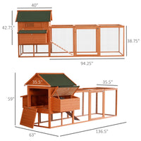 HKM-6814653 Deluxe 136.5" Chicken Coop with Nesting Box, Run, and Lockable Doors for Backyard Use