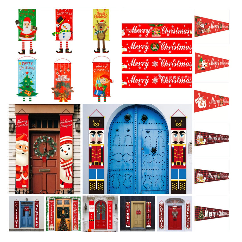 HKM-681939 Christmas Decorative Banner Set - Santa, Snowman, Moose & Elf Designs on Oxford Cloth and Polyester for Holiday Celebrations