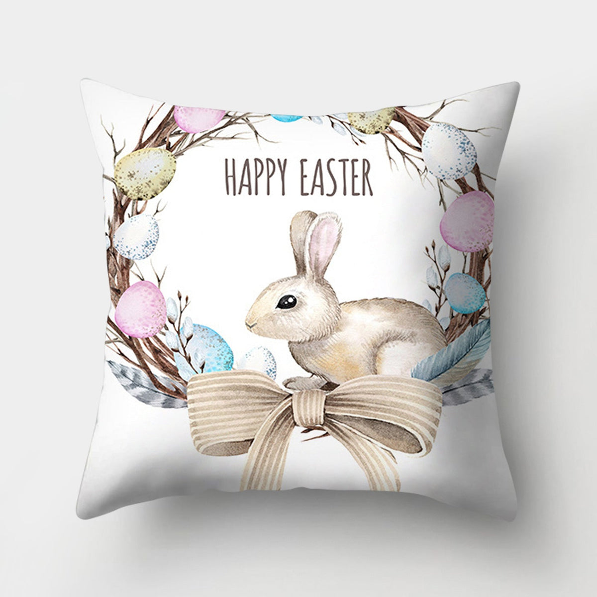 HKM-682131 Easter Bunny Watercolor Garland Pillow Cover in Peach Skin Fabric - 45x45 cm, Modern Style