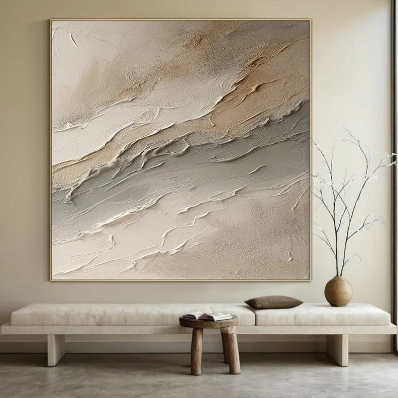HKM-682259 Abstract Beige Grey Hand-Painted Oil Painting on Canvas for Home Decor, Unstretched and Frameless