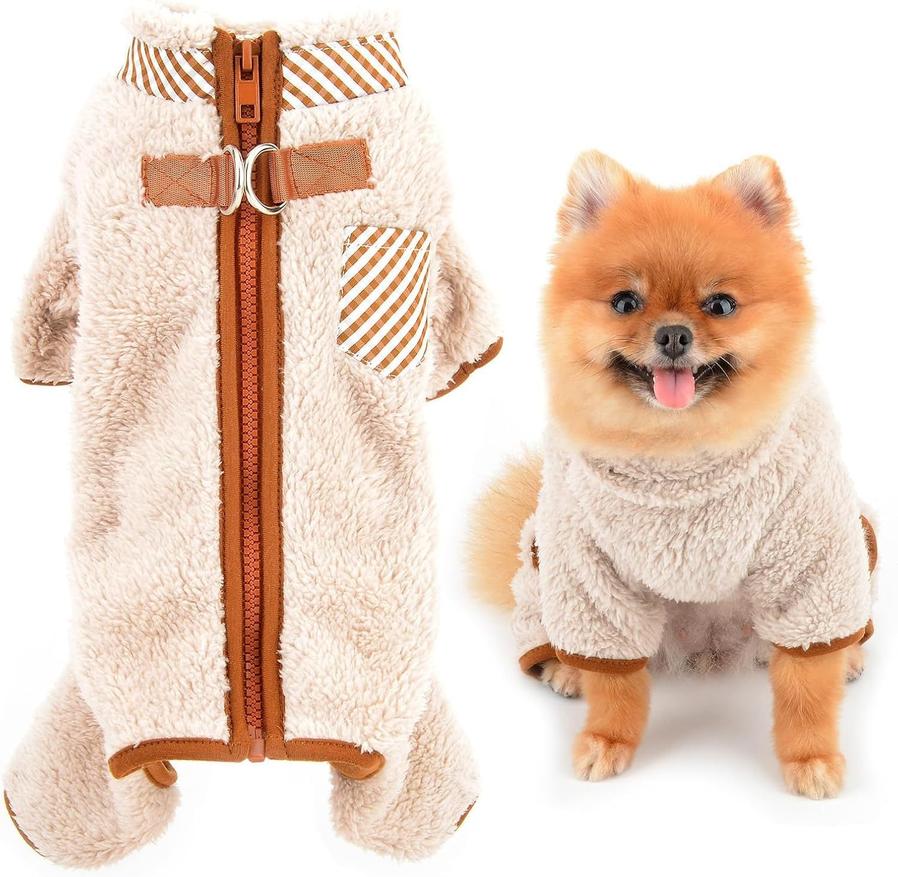 HKM-682387 Plush Fleece Dog Coat for Small Dogs with Double D-Ring Zipper, Warm Winter Jumpsuit for Chihuahuas and Yorkies