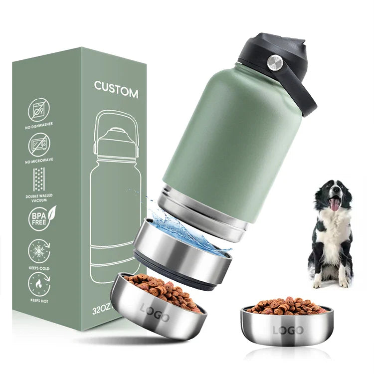HKM-682835 Stainless Steel 32oz 3-in-1 Pet Bowl and Portable Water Bottle for Outdoor Travel