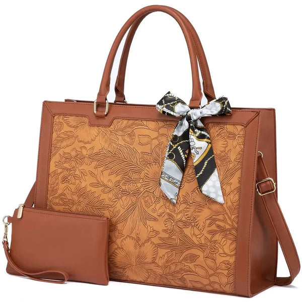 HKM-683027 Large Brown Printing Tote Bag Set for Travel & Business - Women’s PU Shoulder Bag & Laptop Briefcase