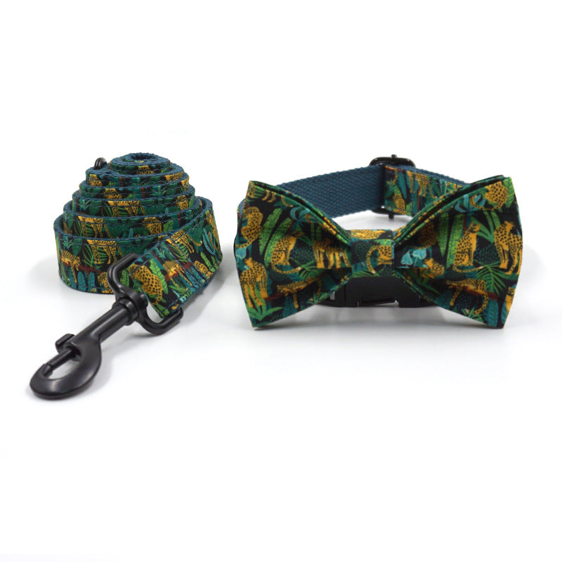 HKM-6832061 Elegant Green Cloth Bowknot Pet Collar with Leash