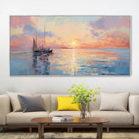 HKM-683411 Handmade Abstract Oil Painting of Sunrise Over Sea for Living Room and Home Decor, Unstretched Canvas