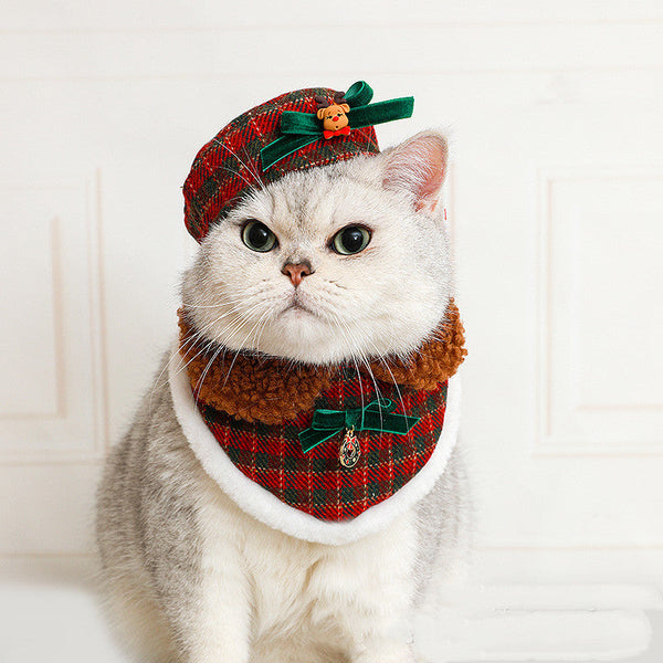 HKM-6834237 Christmas Cat Hat and Fur Collar Bib Dress Up Clothes for Winter