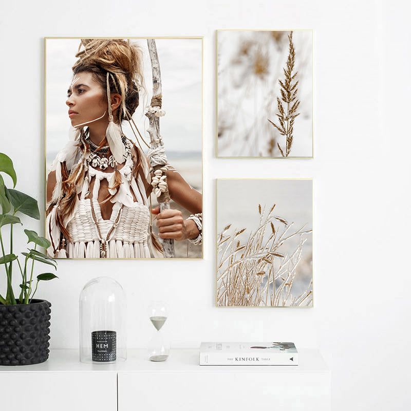 HKM-683475 Wild Boho Woman Grass Reed Modern Canvas Art - Decorative Rectangular Wall Painting