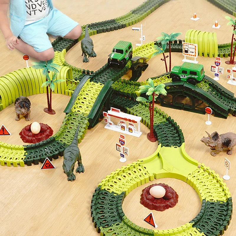 HKM-683731 Dinosaur Race Track Toy Set for Kids - Flexible Electric Track and Cars, Easy Assembly, Ages 3+