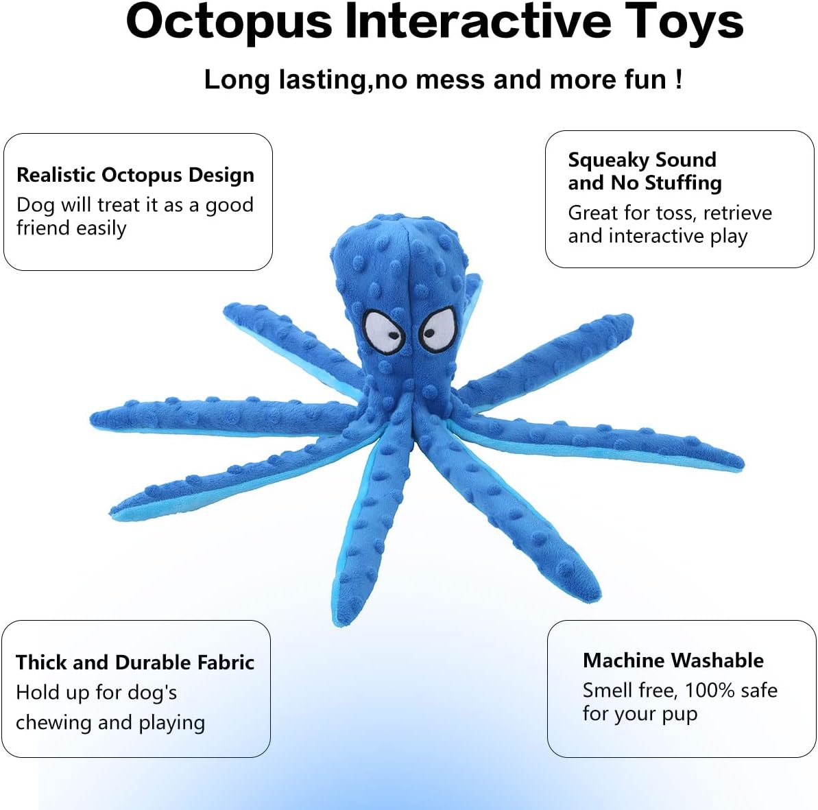 HKM-6839485 Durable No Stuffing Octopus Plush Dog Toy with Squeaker and Crinkle Sound for Interactive Play