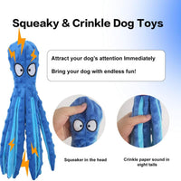 HKM-6839485 Durable No Stuffing Octopus Plush Dog Toy with Squeaker and Crinkle Sound for Interactive Play