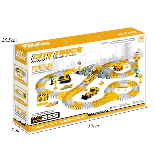 HKM-684435 Construction Race Track Set with Electric Vehicles - 239 to 345 Pieces Slot Toy for Ages 2 to 13