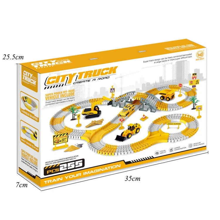 HKM-684435 Construction Race Track Set with Electric Vehicles - 239 to 345 Pieces Slot Toy for Ages 2 to 13
