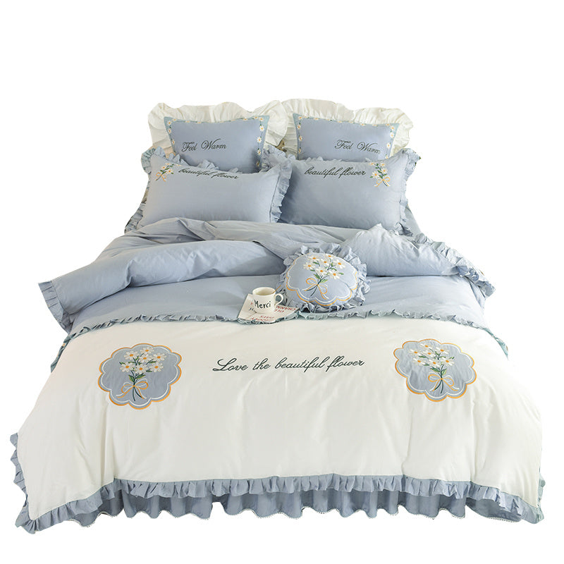 HKM-684435 Summer Ruffled Cotton Four-Piece Bedding Set with Heart Embroidery and Floral Quilt Cover