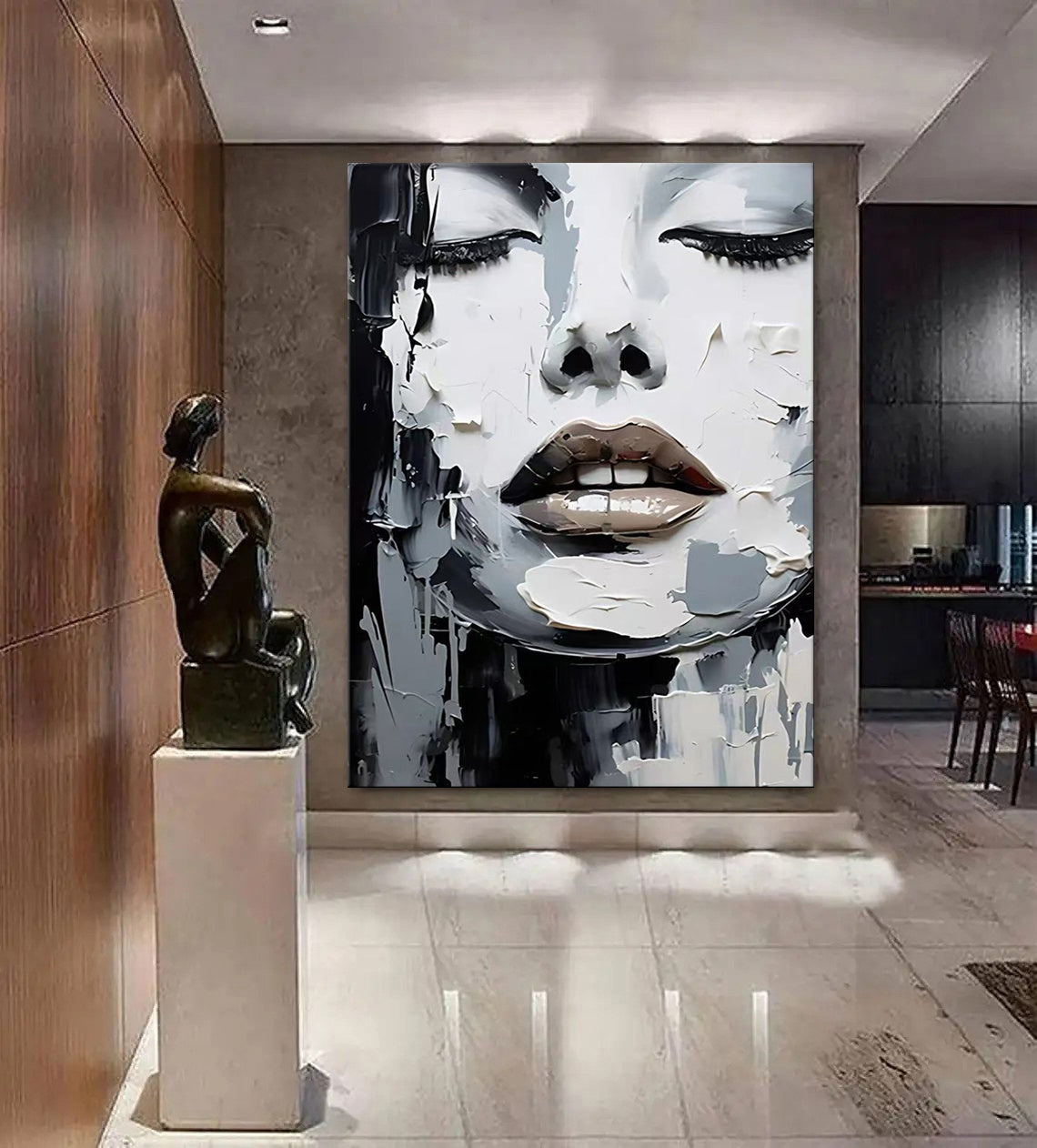 HKM-684563 Handmade Black and White Oil Painting Canvas Art - Abstract Portrait for Home Decor