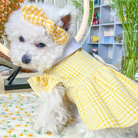 HKM-6846141 Yellow Plaid Sunflower Bee Skirt for Cats with Matching Hairpin, Casual Style