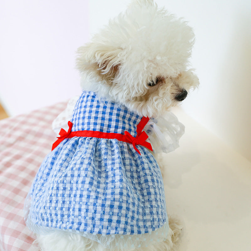 HKM-6846141 Yellow Plaid Sunflower Bee Skirt for Cats with Matching Hairpin, Casual Style