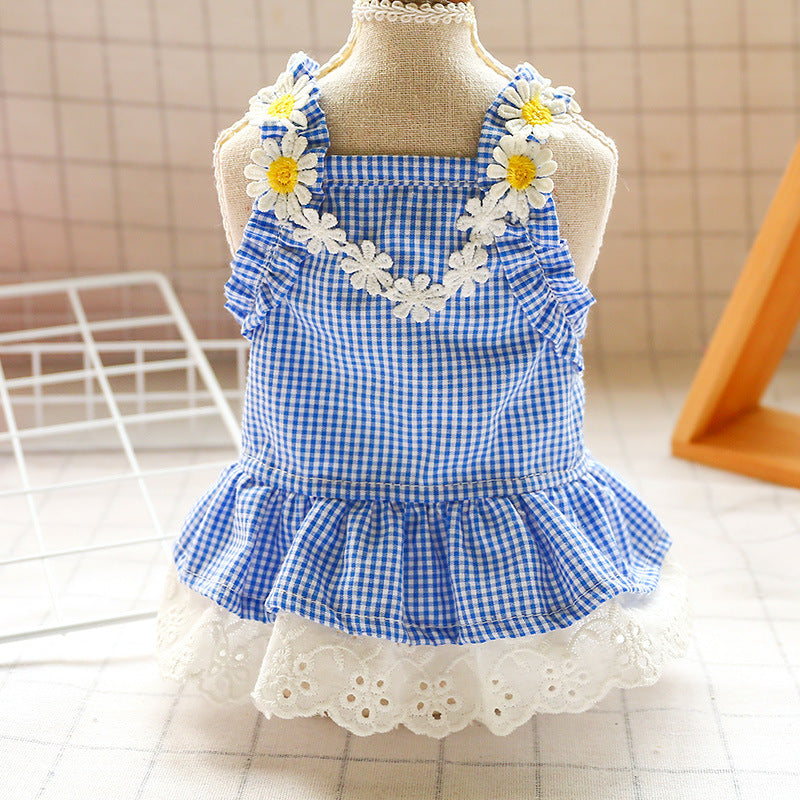 HKM-6846141 Yellow Plaid Sunflower Bee Skirt for Cats with Matching Hairpin, Casual Style