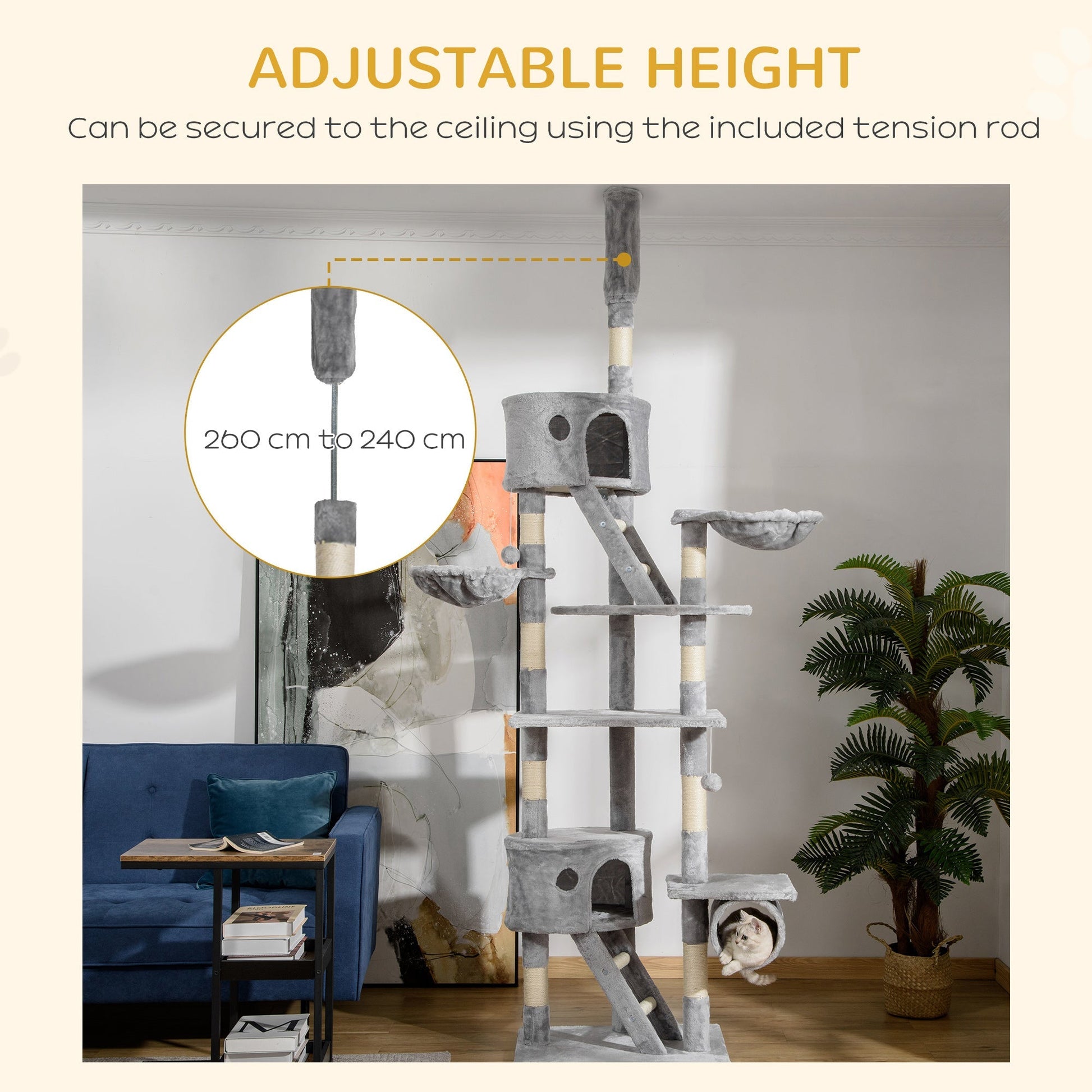 HKM-6852797 Adjustable Floor Standing Cat Tree with Hammock - 94.5-10.25 Inch Height for Climbing and Relaxation