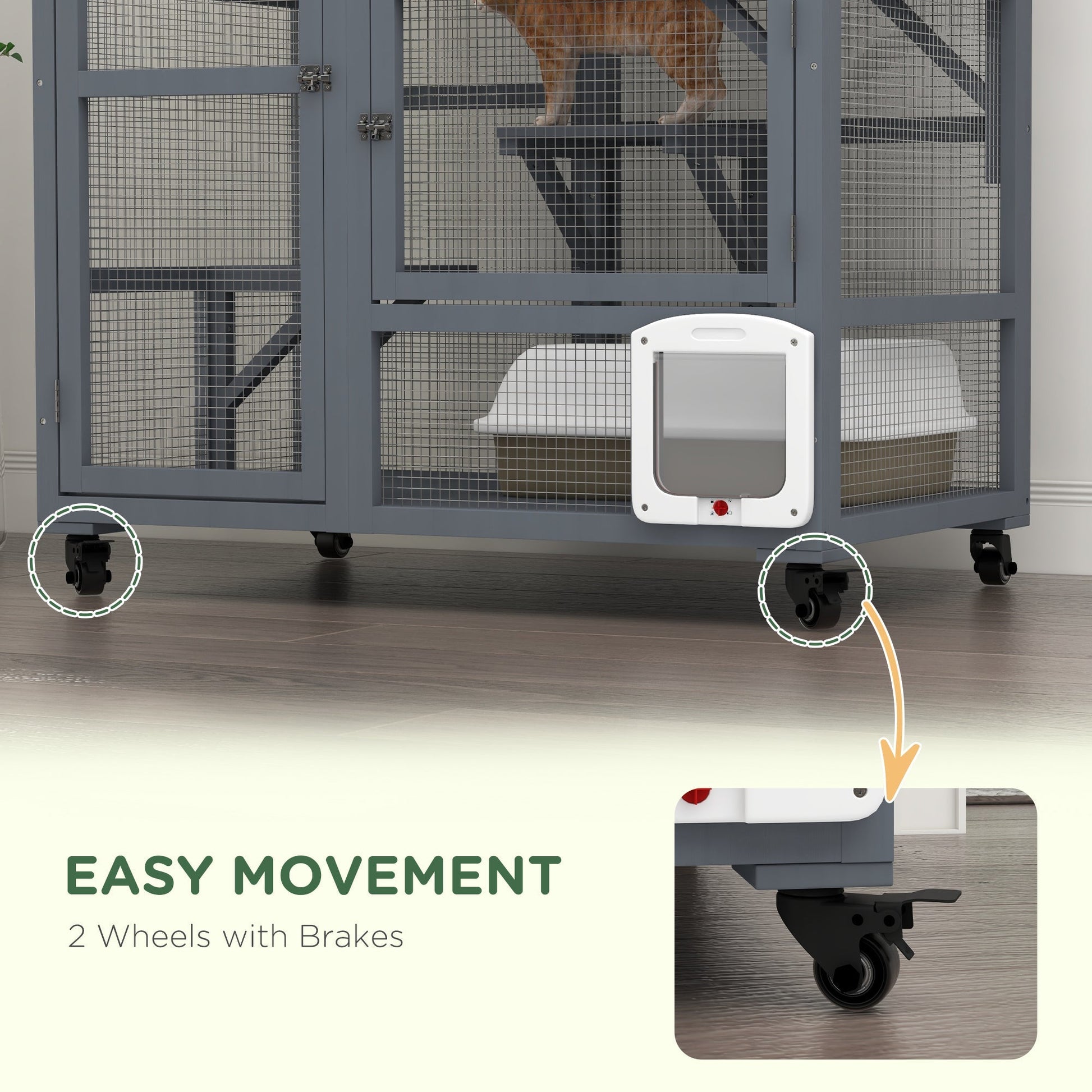 HKM-6853565 Cozy Indoor Cat Enclosure with Multiple Platforms and Mobility for 1-2 Cats