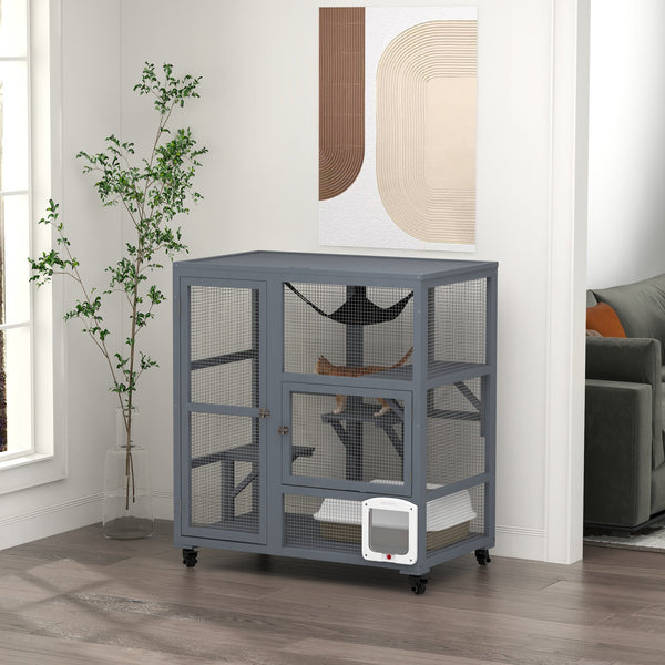 HKM-6853565 Cozy Indoor Cat Enclosure with Multiple Platforms and Mobility for 1-2 Cats