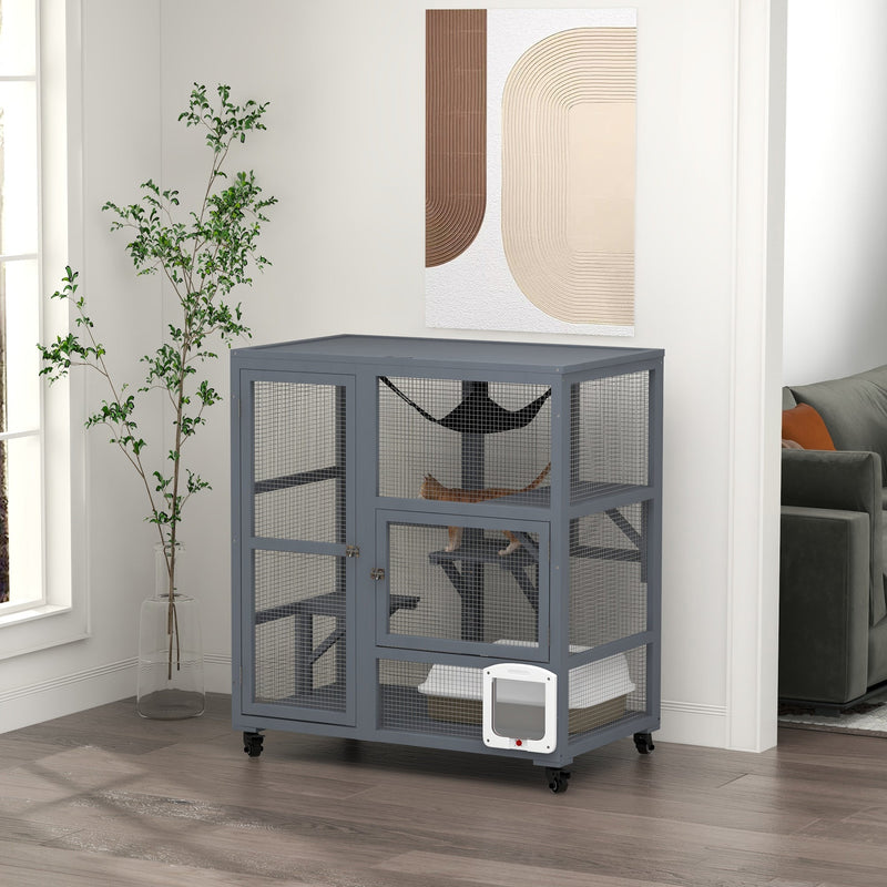 HKM-6853565 Cozy Indoor Cat Enclosure with Multiple Platforms and Mobility for 1-2 Cats