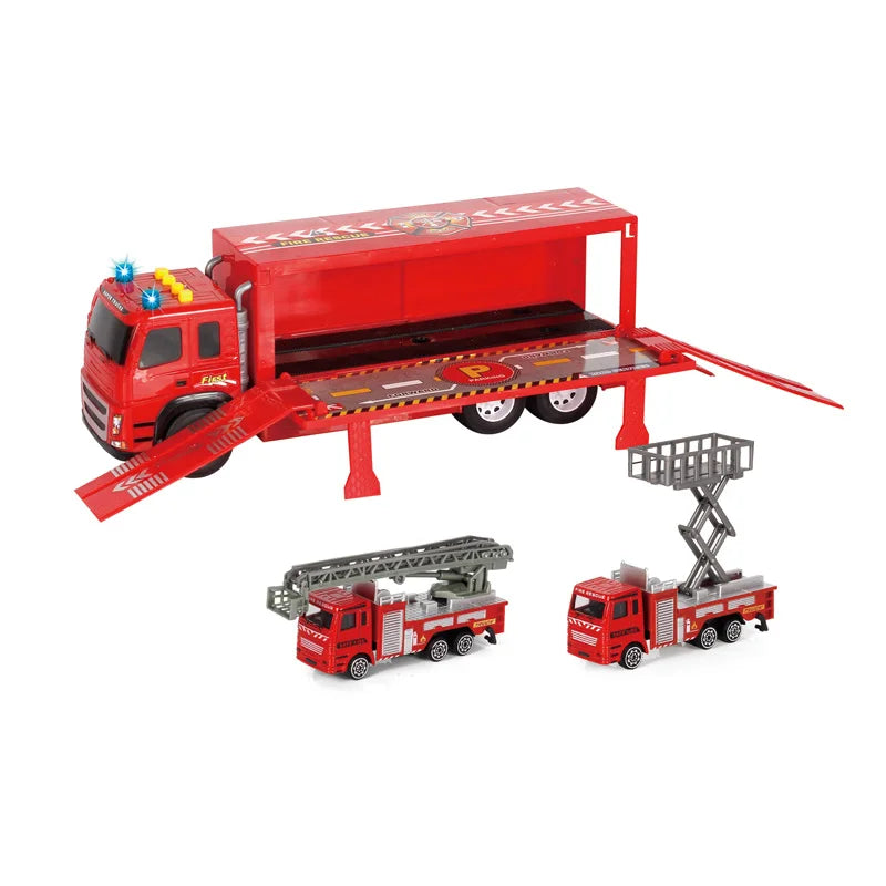 HKM-685587 Electric Light & Sound Red Friction Fire Truck Toy with 2 Die-Cast Cars for Kids 2-7 Years