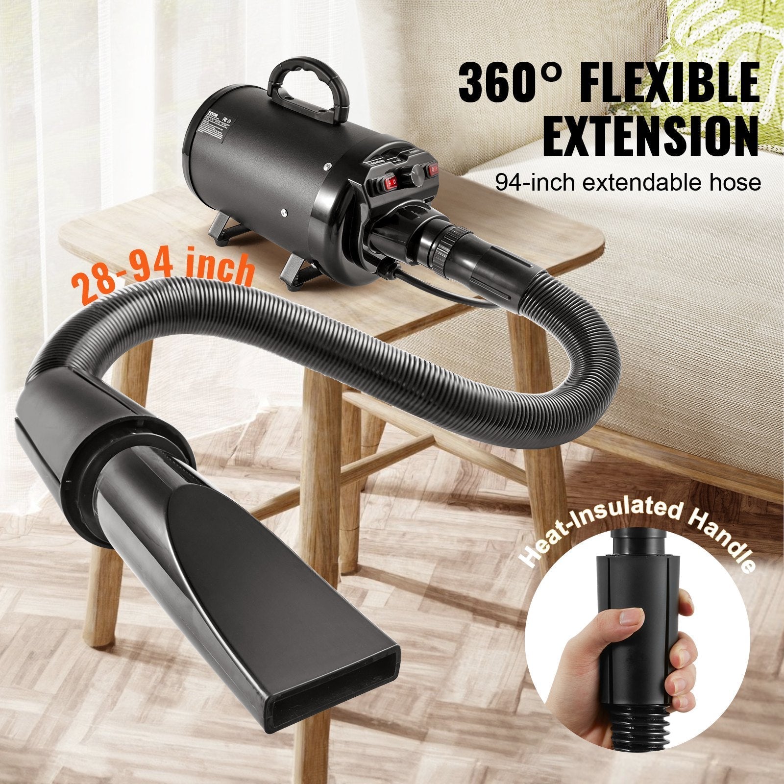 HKM-6857149 Pet Hair Dryer with Adjustable Speed and Temperature Control, 2800W/4.3HP Motor, Includes 4 Nozzles and Extendable Hose