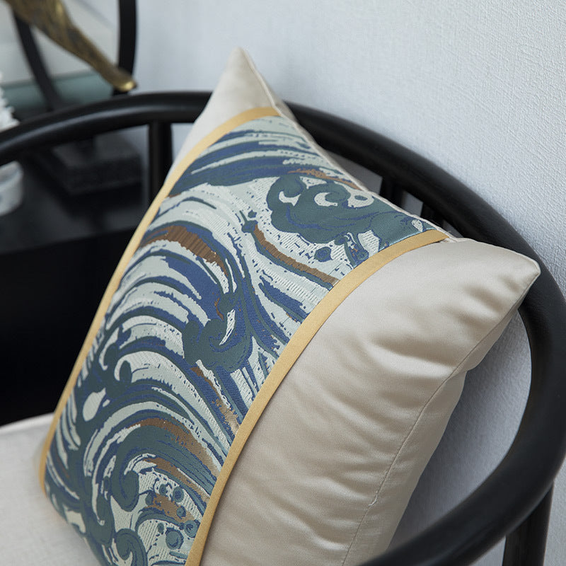 HKM-685843 Blue Satin Jacquard Patchwork Pillowcase with Feather Down Core, 45x45cm
