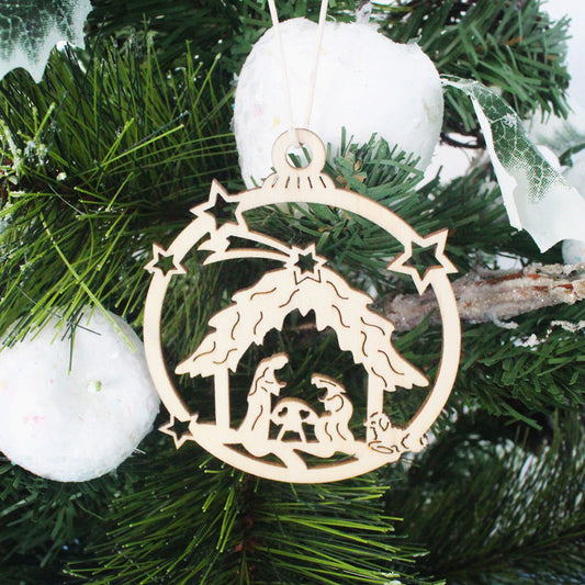 HKM-685907 Hollow Out Snowflake Wood Pendant for Christmas Tree Decoration - Set of 10 with Ropes