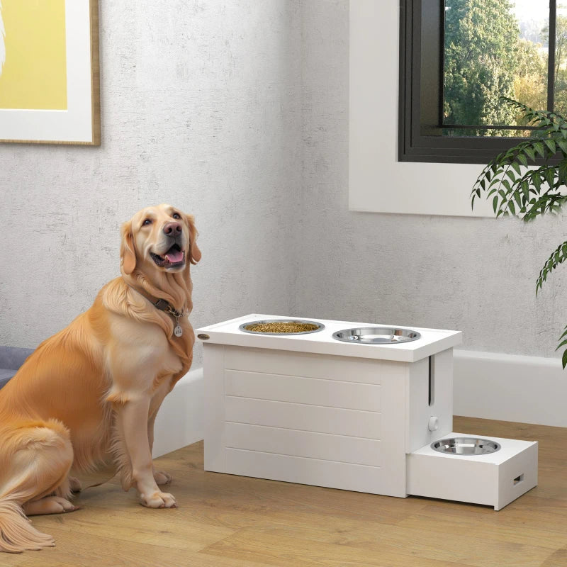 HKM-6860733 Elevated Dog Feeding Station with Slow Feeder Mat and Storage Cabinet for Large Dogs - 3 Stainless Steel Bowls Included