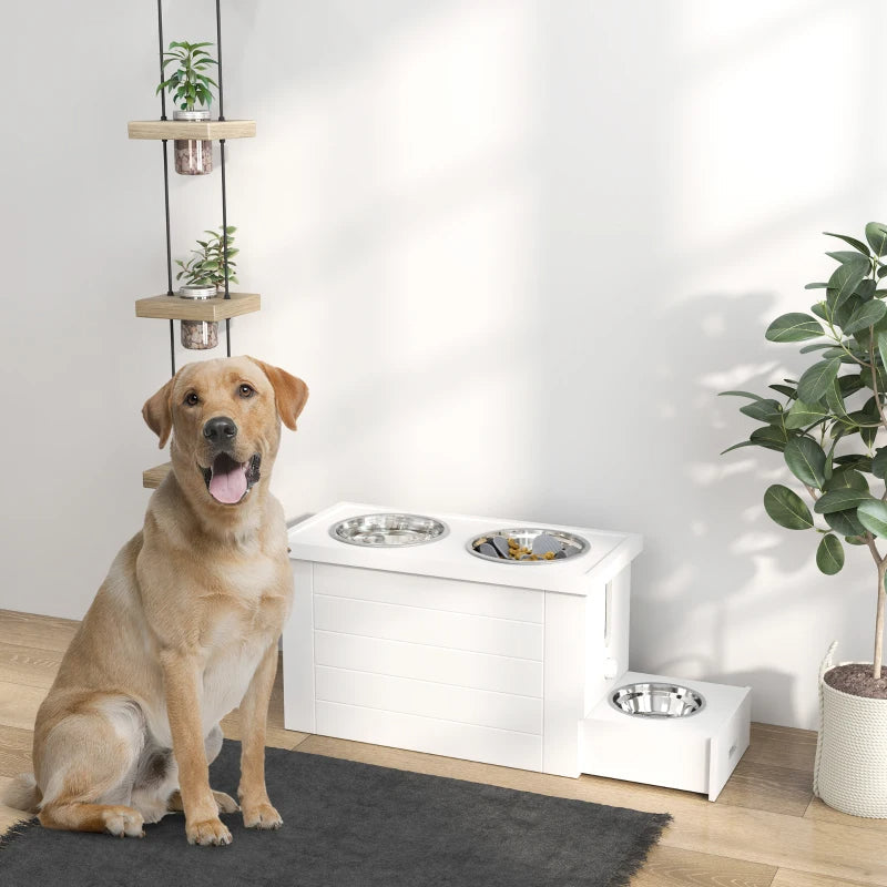 HKM-6860733 Elevated Dog Feeding Station with Slow Feeder Mat and Storage Cabinet for Large Dogs - 3 Stainless Steel Bowls Included