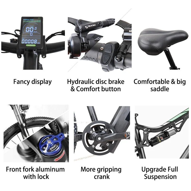 HKM-686099 Powerful 500W Electric Mountain Bike with Full Suspension, 27.5" Wheels, and 9-Speed Gears