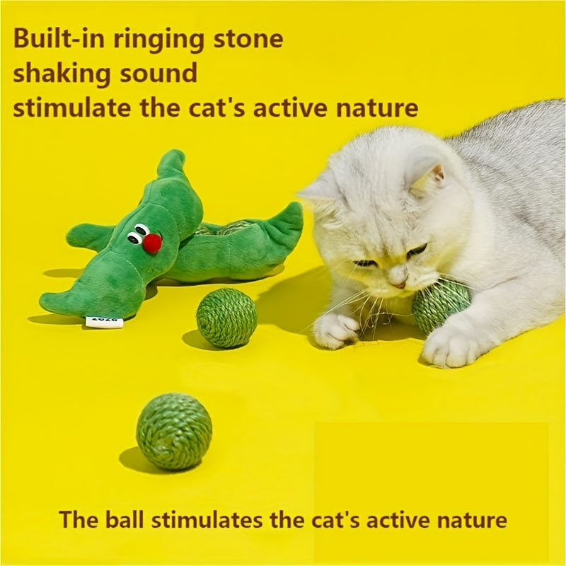HKM-6862525 Bite-Resistant Sisal Toy Ball for Cats - Pea Pod Design with Storage