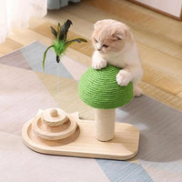 HKM-6865853 Cat Mushroom Scratching Post with Rotating Wooden Balls and Sisal Rope for Interactive Play and Climbing